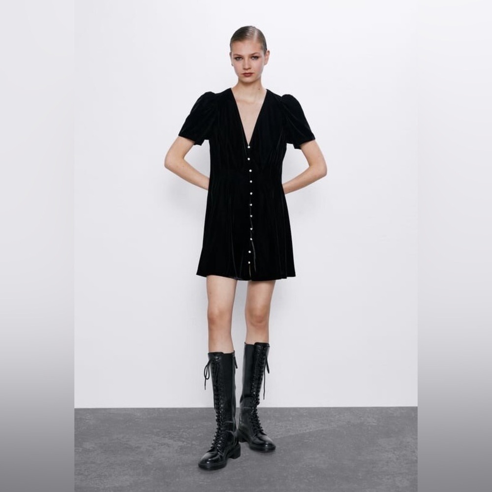 Zara 15” PTP BNWT Elegant Mini Velvet Dress with Rhinestones, Black, Size Small